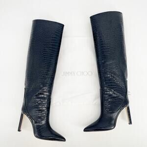 NWOB Jimmy Choo Mavis 100 Navy Blue Croc Embossed Leather Knee High Boots IT 37